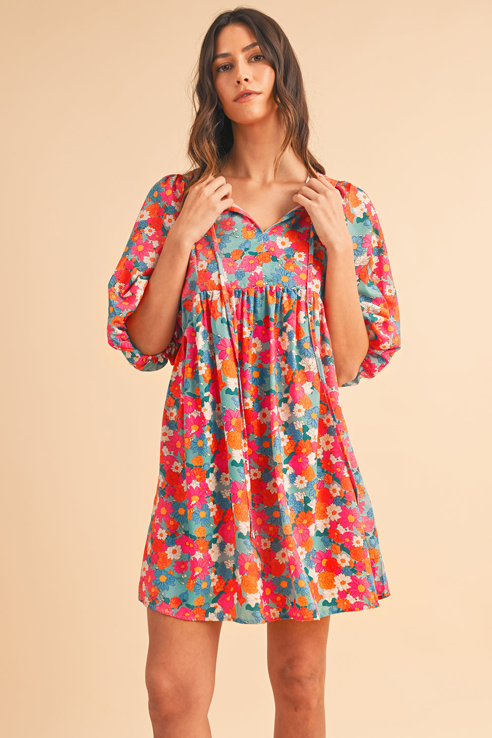 Sky Blue Boho Floral Print V Neck Lantern Sleeve Babydoll Dress - MAD RUFFI