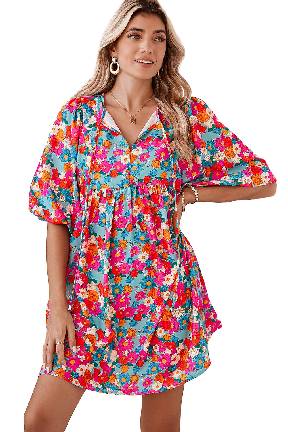 Sky Blue Boho Floral Print V Neck Lantern Sleeve Babydoll Dress - MAD RUFFI