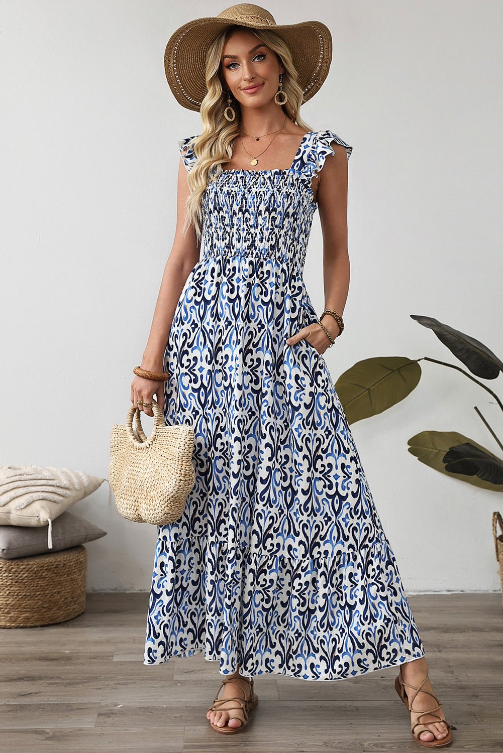 Sky Blue Boho Print Smocked High Waist Maxi Dress - MAD RUFFI