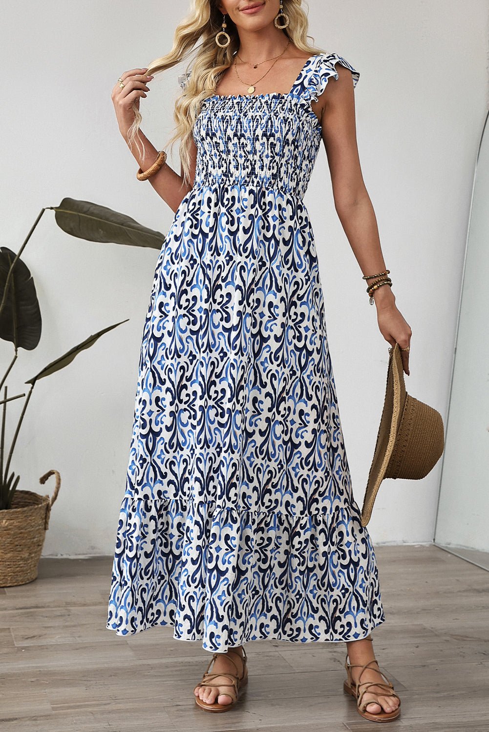 Sky Blue Boho Print Smocked High Waist Maxi Dress - MAD RUFFI