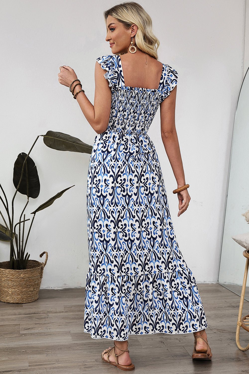 Sky Blue Boho Print Smocked High Waist Maxi Dress - MAD RUFFI