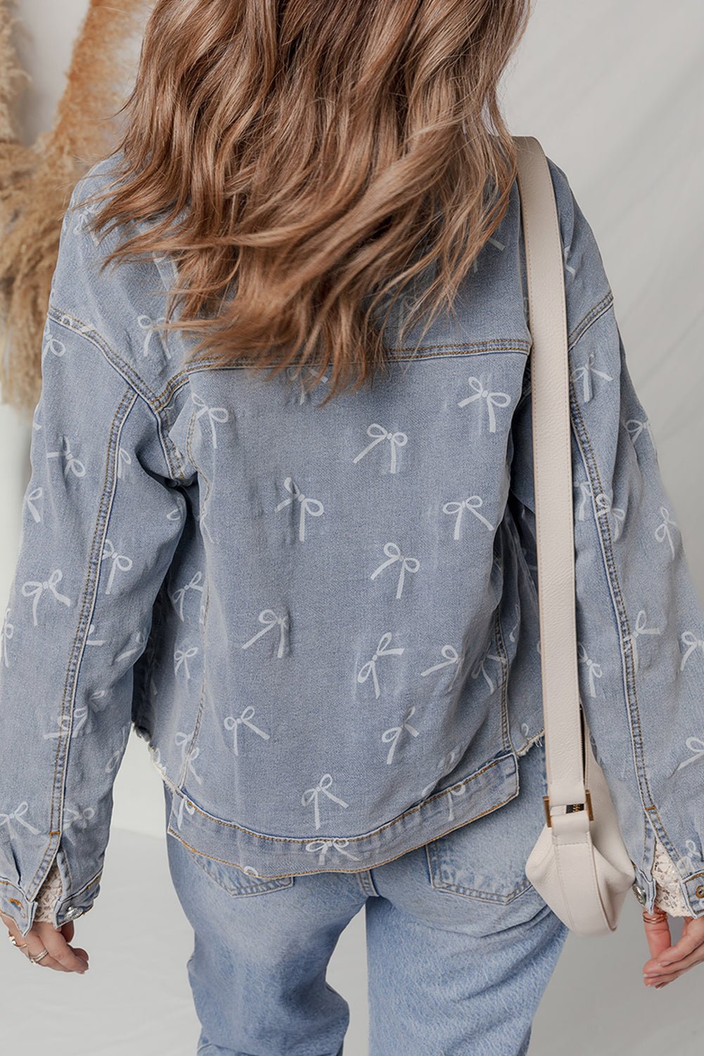 Sky Blue Bow Print Light Wash Raw Hem Denim Jacket - MAD RUFFI