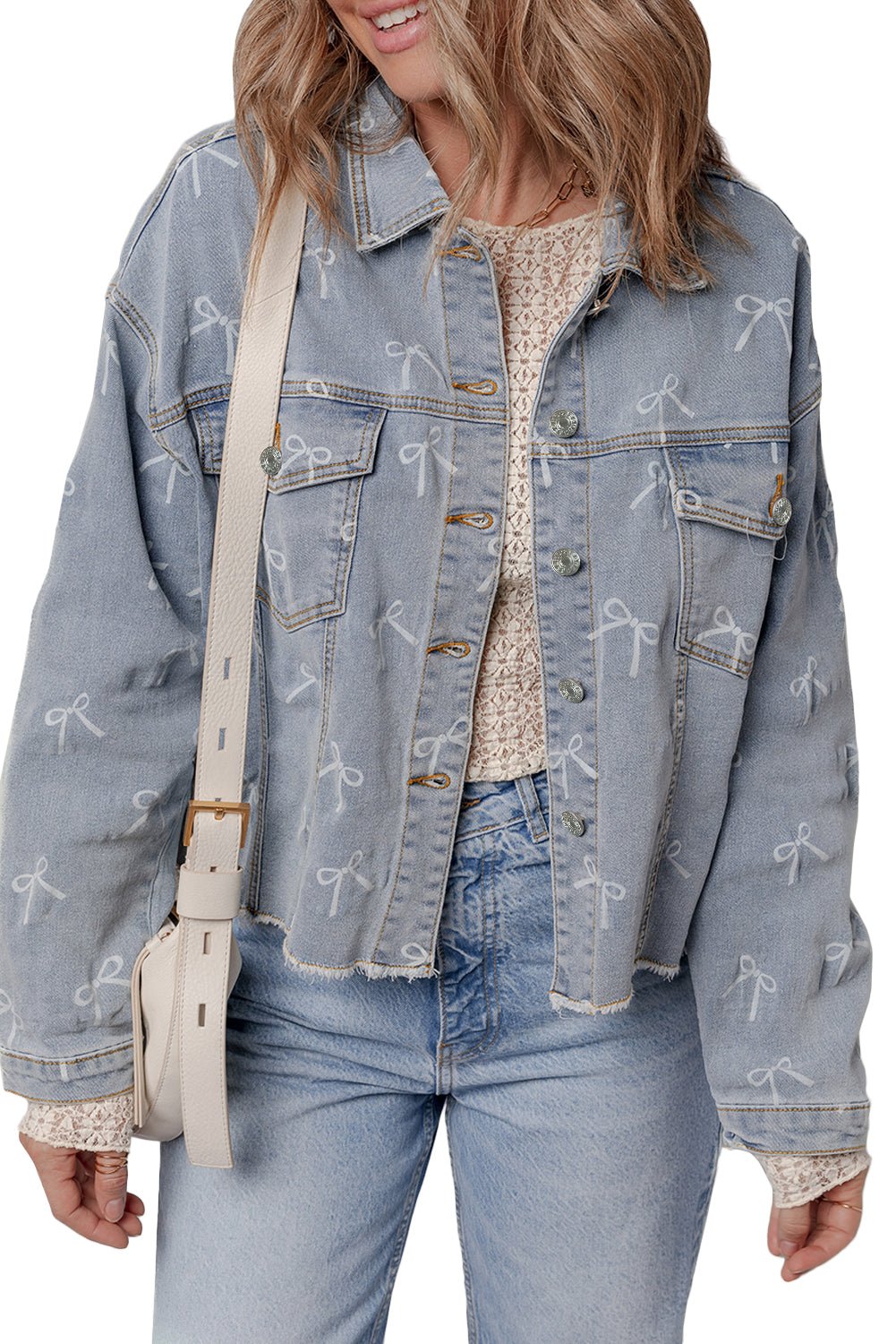 Sky Blue Bow Print Light Wash Raw Hem Denim Jacket - MAD RUFFI