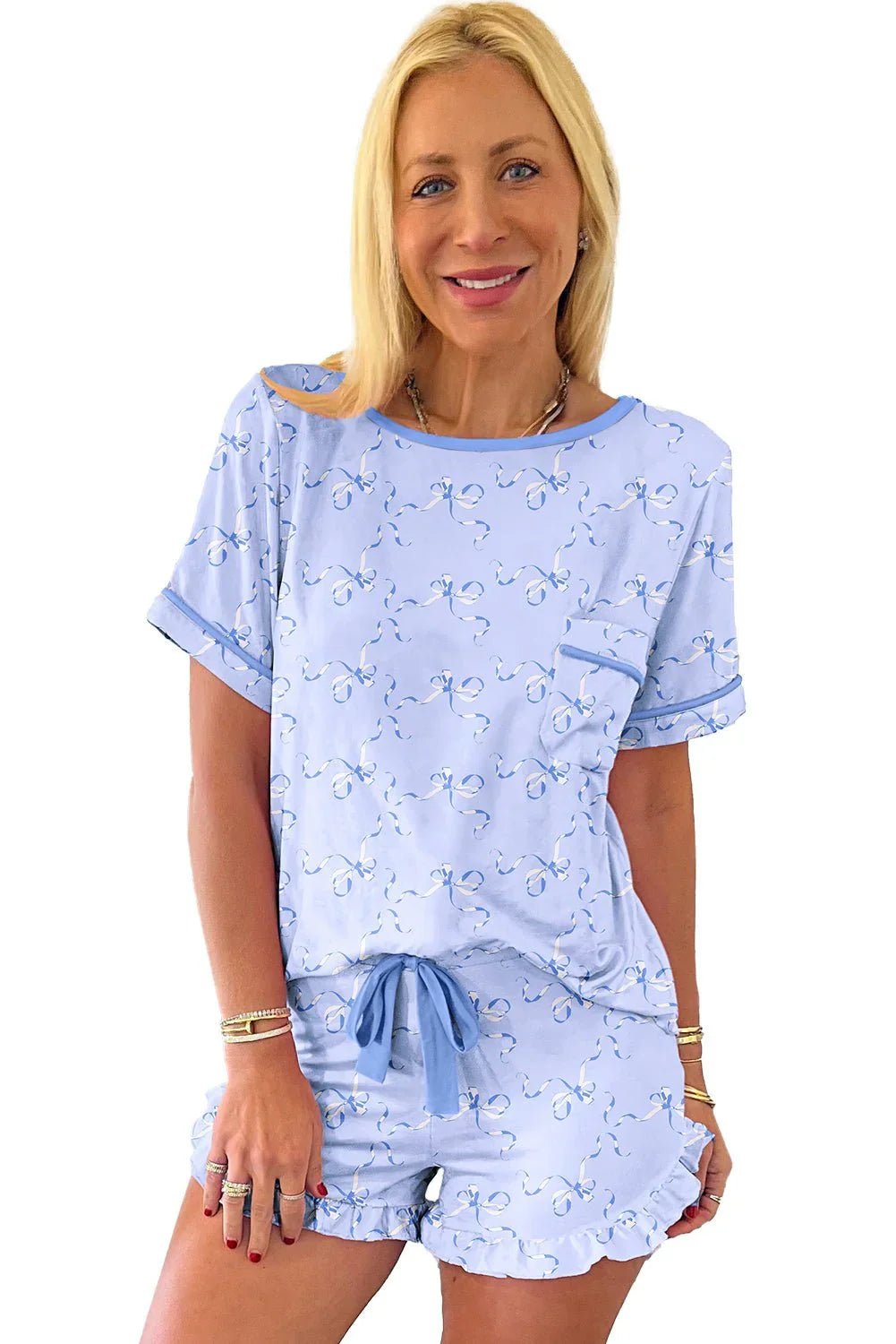 Sky Blue Bow Print Piping Trim Tee and Shorts Pajama Set - MAD RUFFI