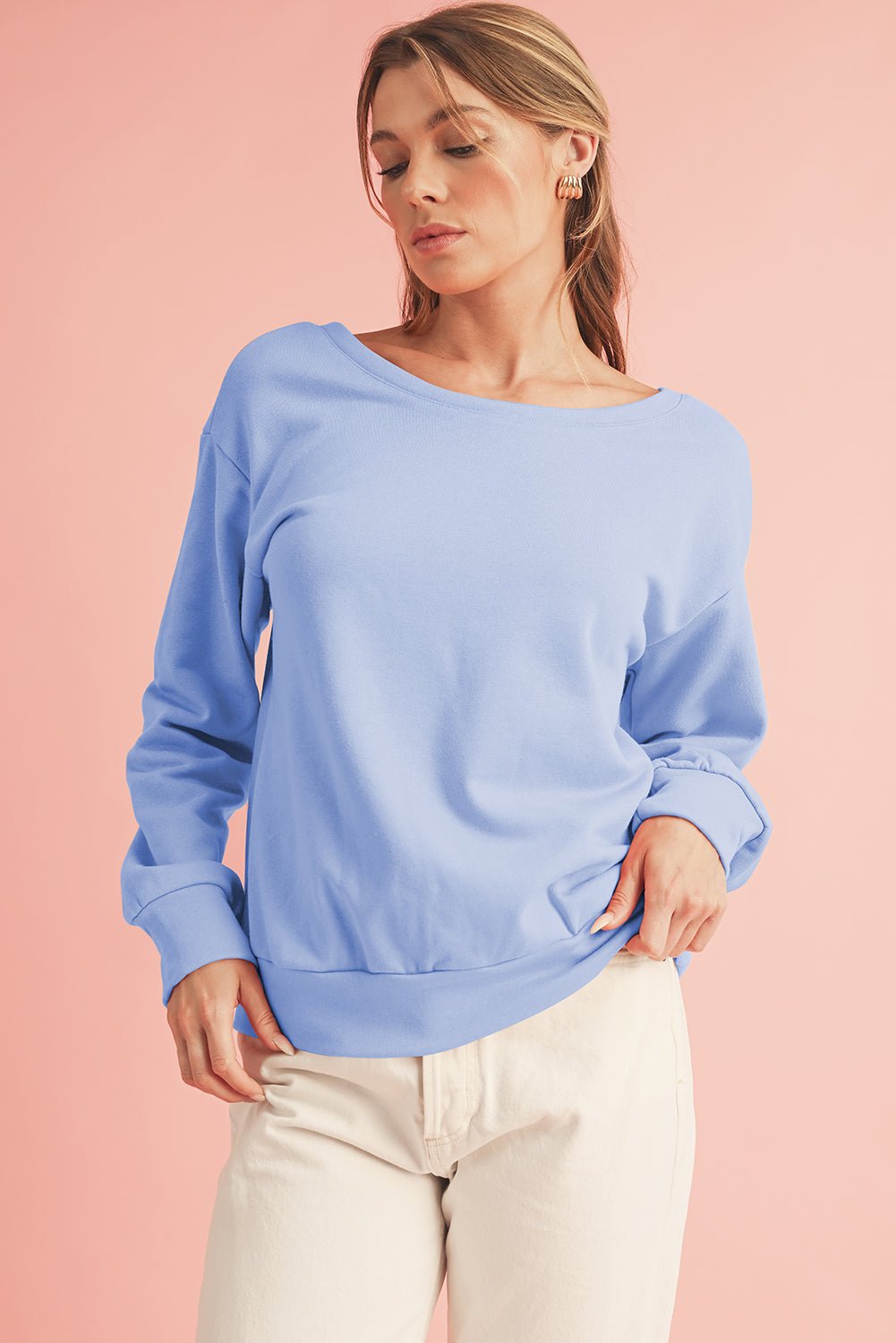 Sky Blue Bowknot Plain Round Neck Sweatshirt - MAD RUFFI