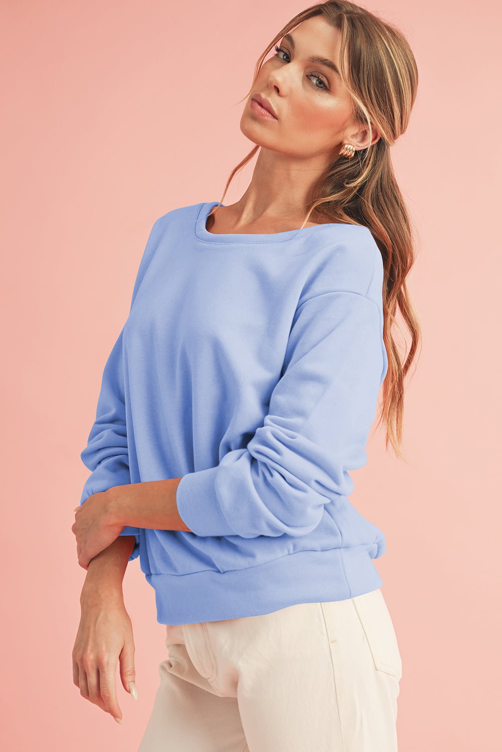 Sky Blue Bowknot Plain Round Neck Sweatshirt - MAD RUFFI