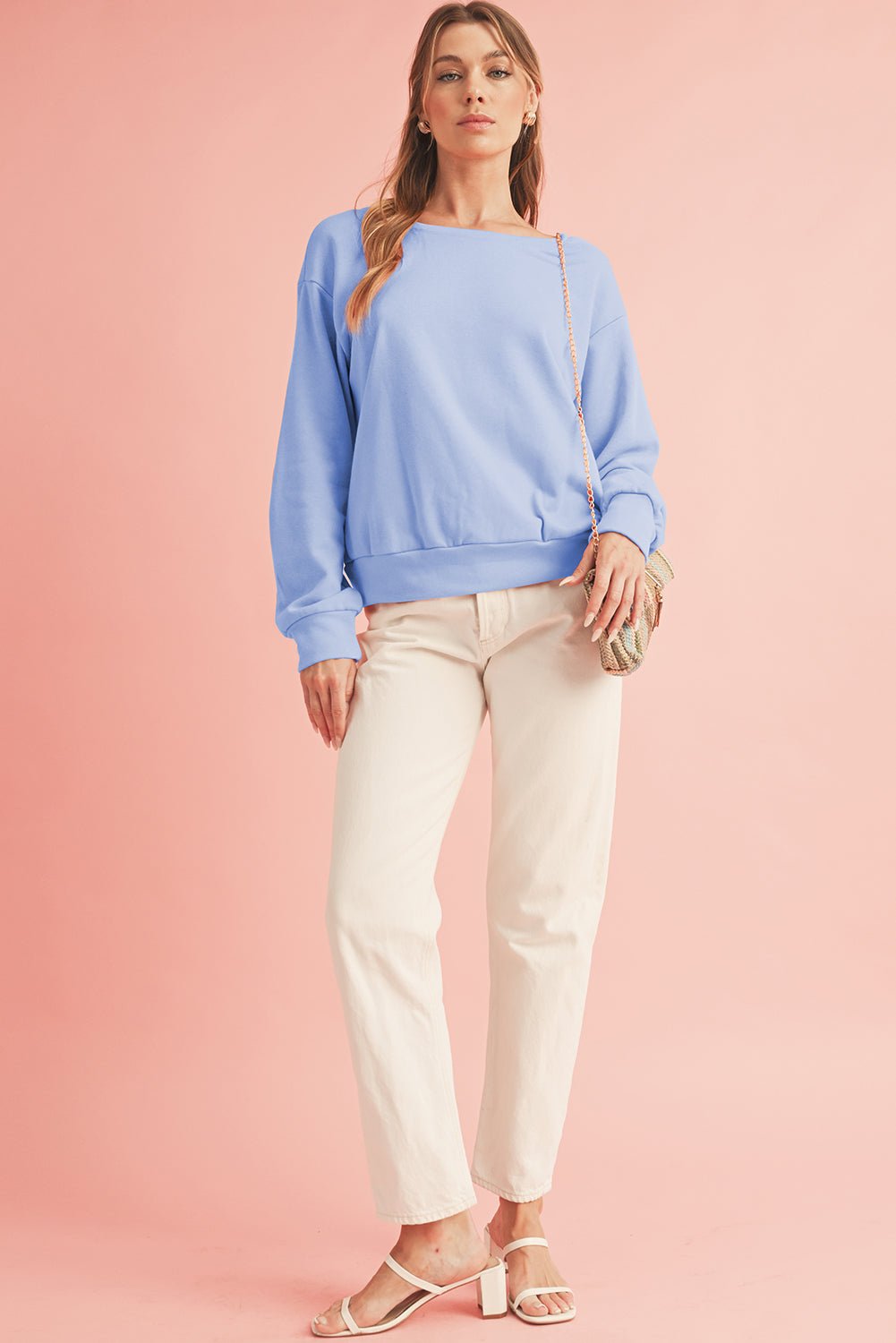 Sky Blue Bowknot Plain Round Neck Sweatshirt - MAD RUFFI