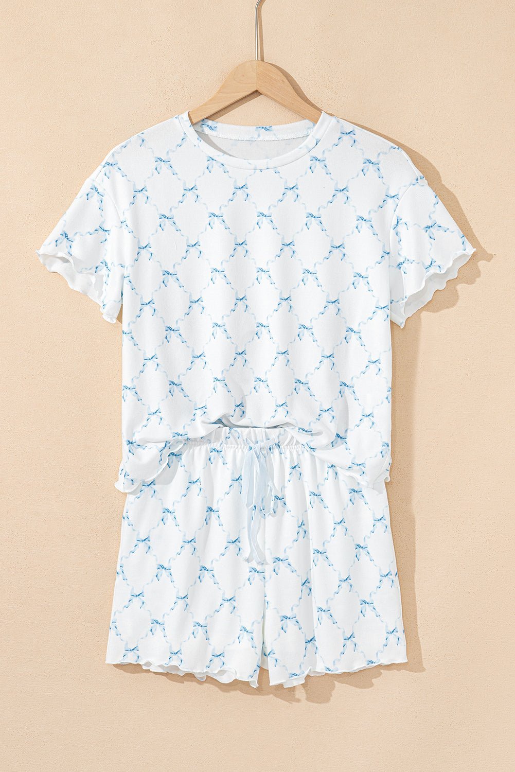 Sky Blue Bowknot Print Lettuce Trim Two Piece Pajama Set - MAD RUFFI