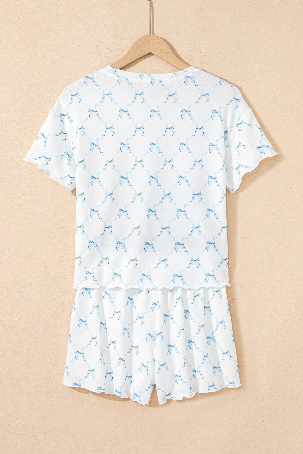 Sky Blue Bowknot Print Lettuce Trim Two Piece Pajama Set - MAD RUFFI