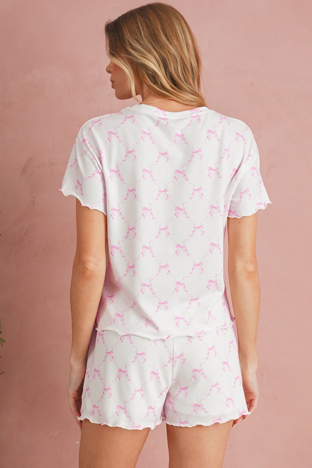 Sky Blue Bowknot Print Lettuce Trim Two Piece Pajama Set - MAD RUFFI