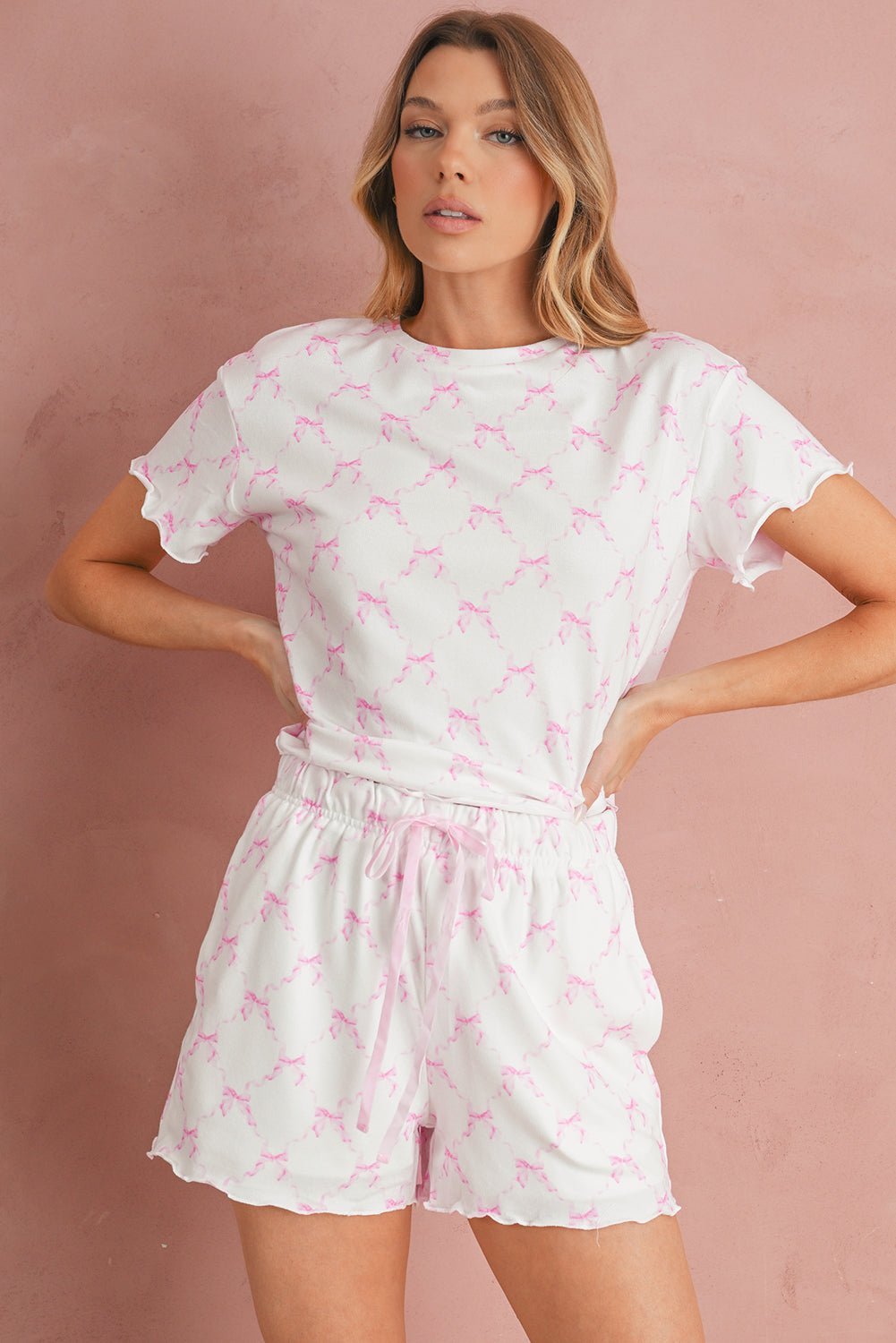 Sky Blue Bowknot Print Lettuce Trim Two Piece Pajama Set - MAD RUFFI