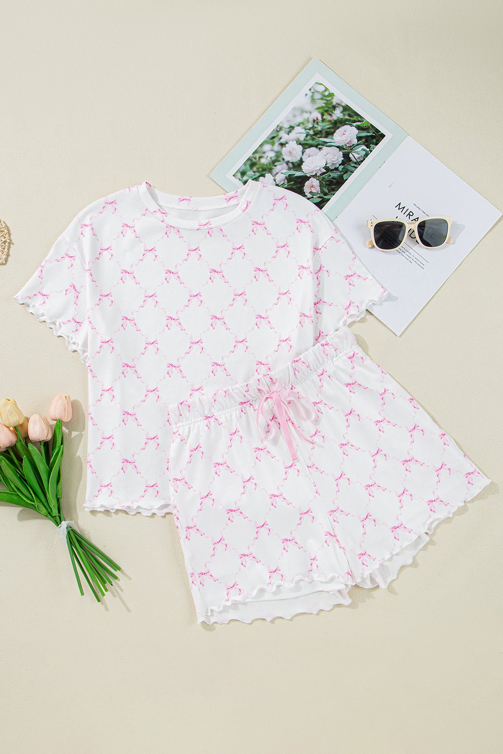 Sky Blue Bowknot Print Lettuce Trim Two Piece Pajama Set - MAD RUFFI