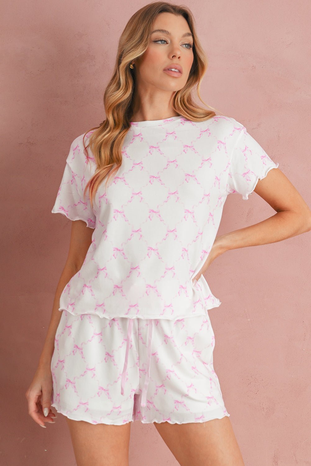 Sky Blue Bowknot Print Lettuce Trim Two Piece Pajama Set - MAD RUFFI