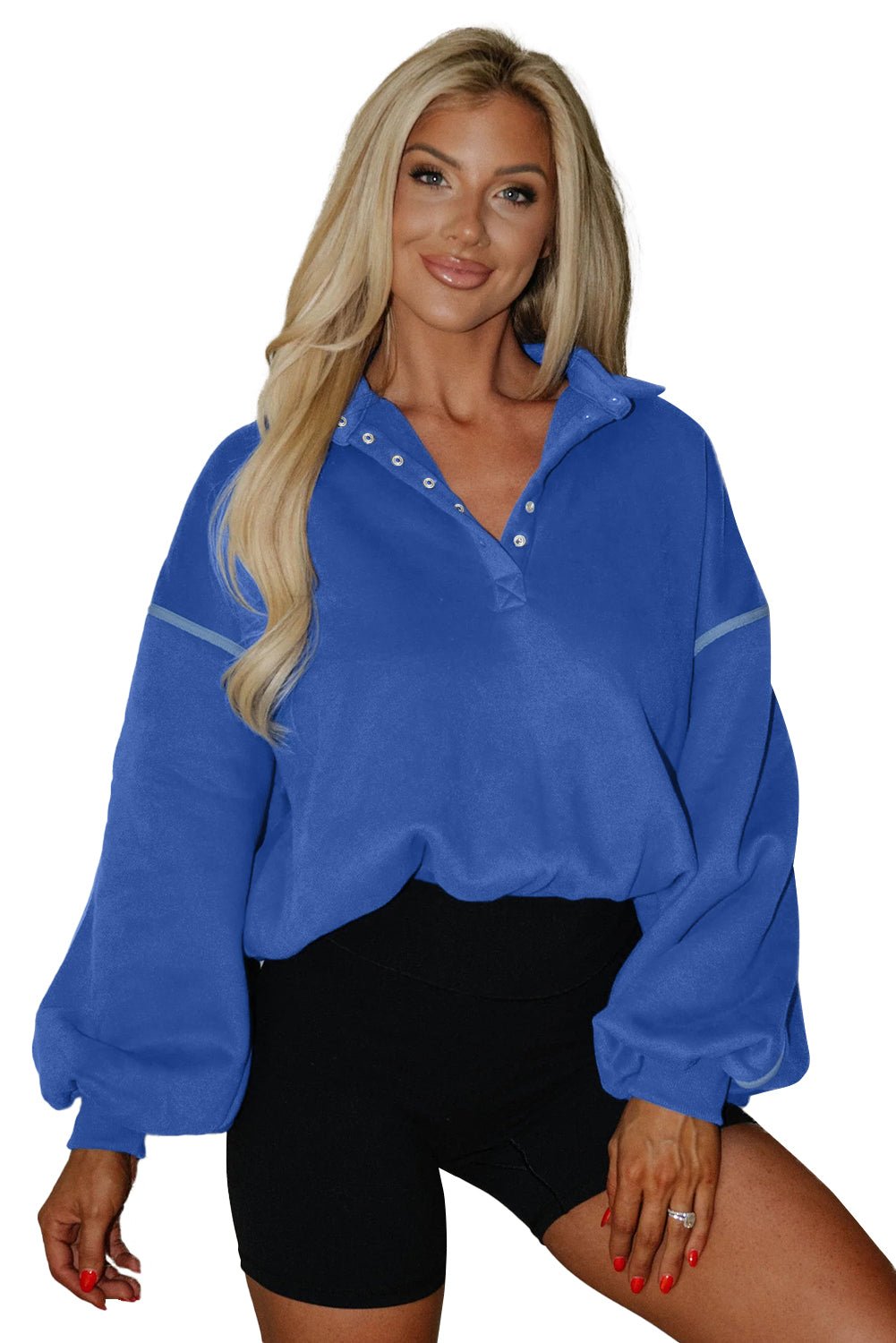 Sky Blue Button - up Collared Exposed Seam Chic Sweatshirt - MAD RUFFI