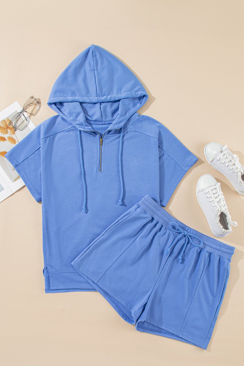 Sky Blue Casual Zipped Short Sleeve Hoodie and Shorts Set - MAD RUFFI