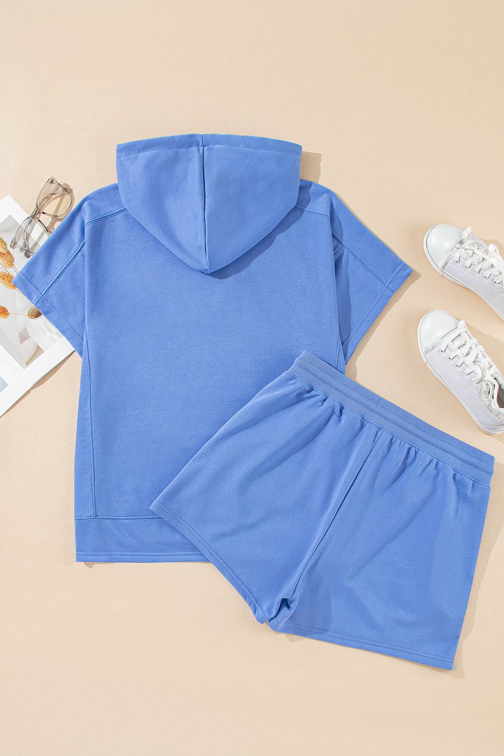 Sky Blue Casual Zipped Short Sleeve Hoodie and Shorts Set - MAD RUFFI