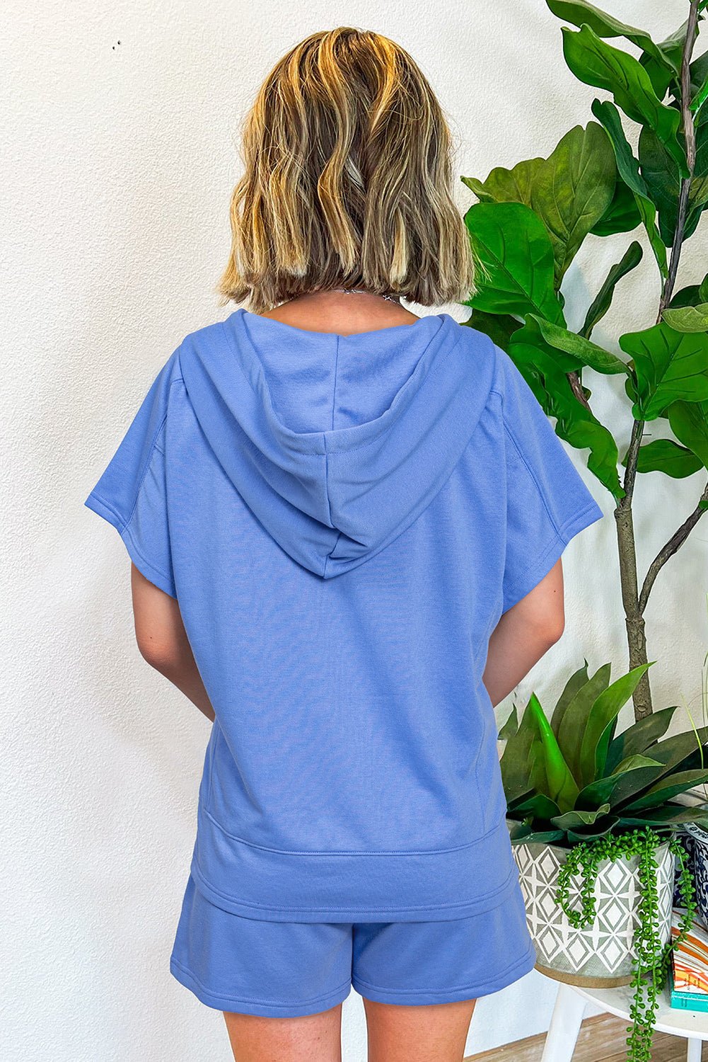 Sky Blue Casual Zipped Short Sleeve Hoodie and Shorts Set - MAD RUFFI