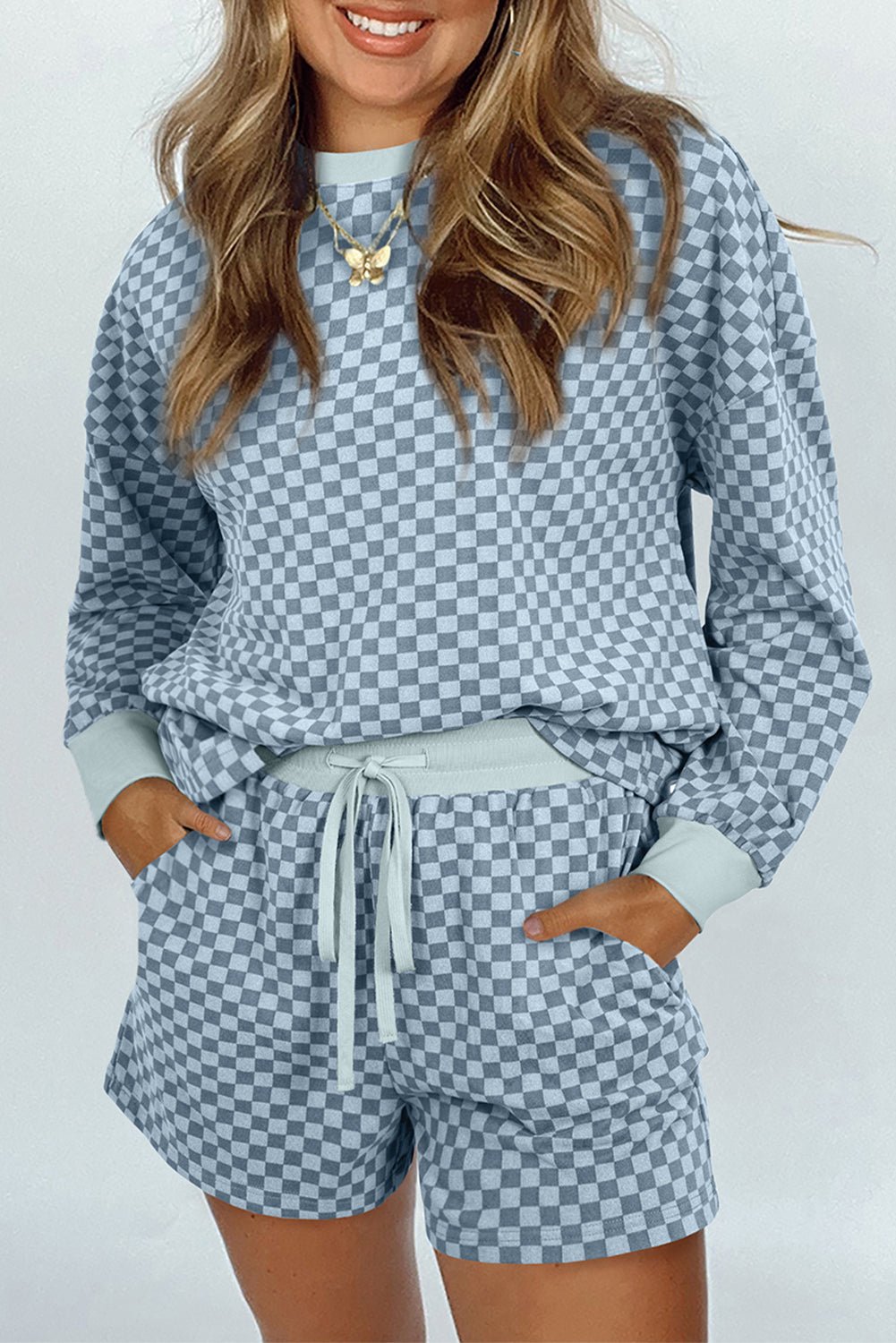 Sky Blue Checkerboard Contrast Trim Long Sleeve Pullover and Shorts Set - MAD RUFFI