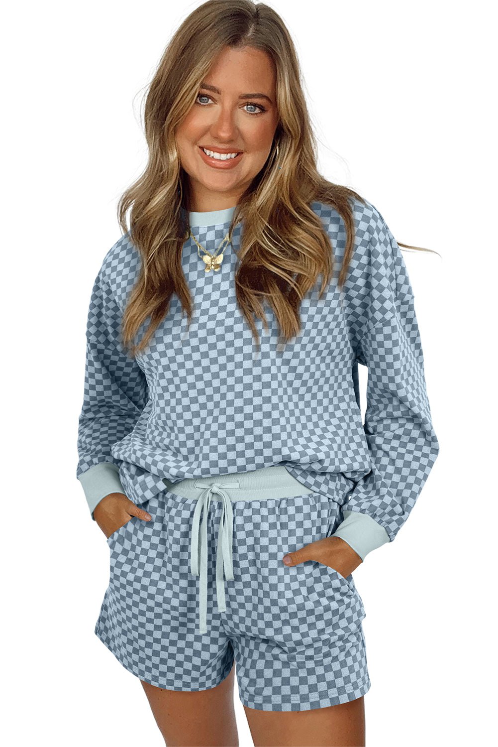 Sky Blue Checkerboard Contrast Trim Long Sleeve Pullover and Shorts Set - MAD RUFFI