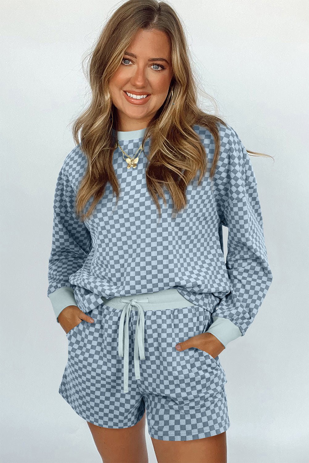 Sky Blue Checkerboard Contrast Trim Long Sleeve Pullover and Shorts Set - MAD RUFFI