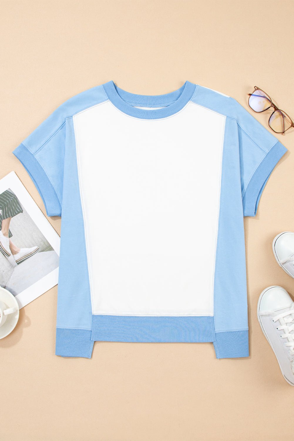 sky blue colorblock exposed seam patchwork crew neck t shirt - MAD RUFFI
