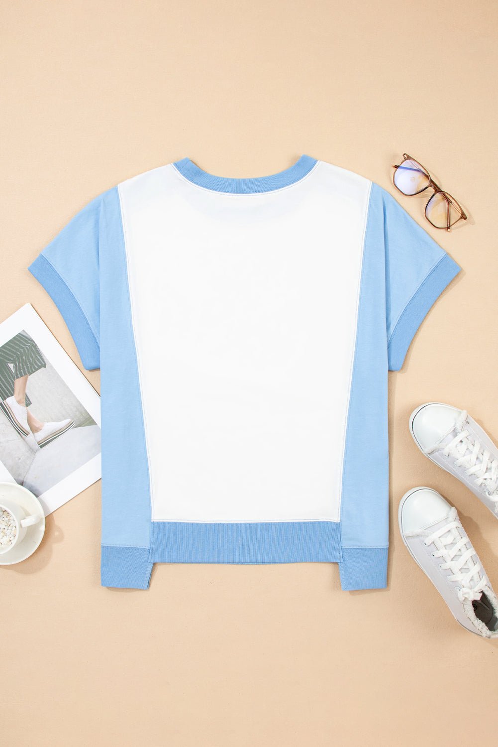 sky blue colorblock exposed seam patchwork crew neck t shirt - MAD RUFFI