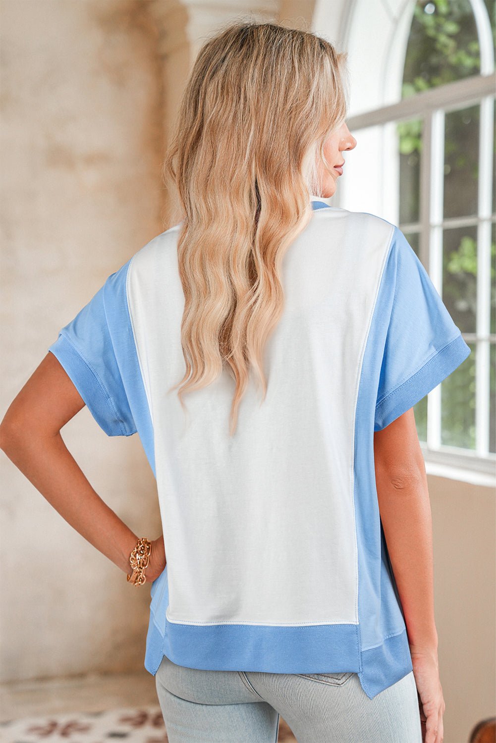 sky blue colorblock exposed seam patchwork crew neck t shirt - MAD RUFFI