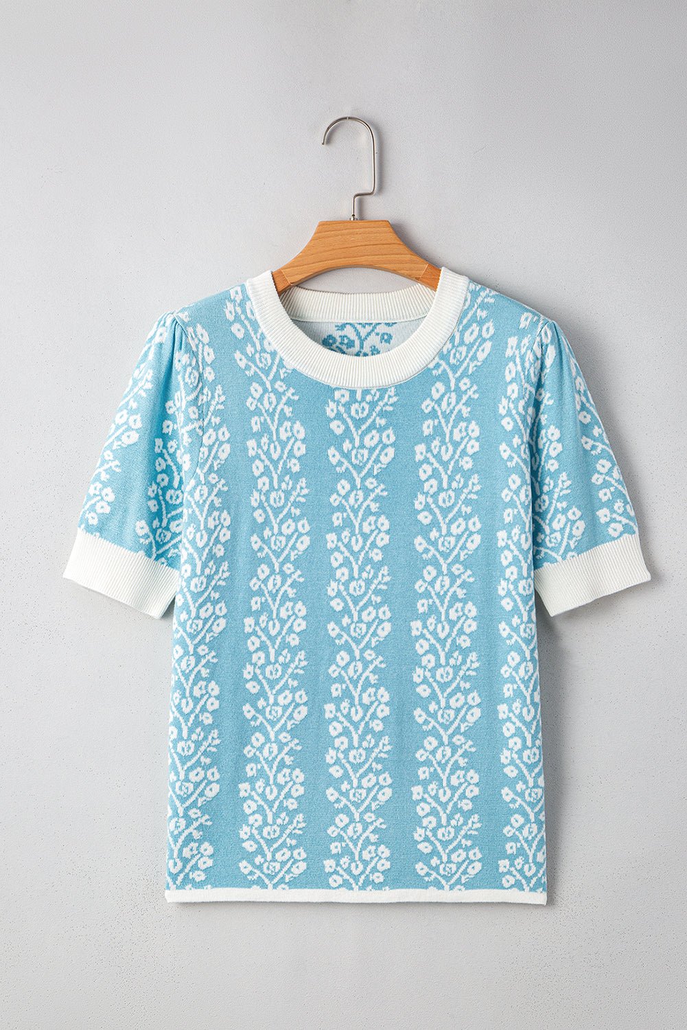sky blue contrast trim floral crewneck knit top - MAD RUFFI