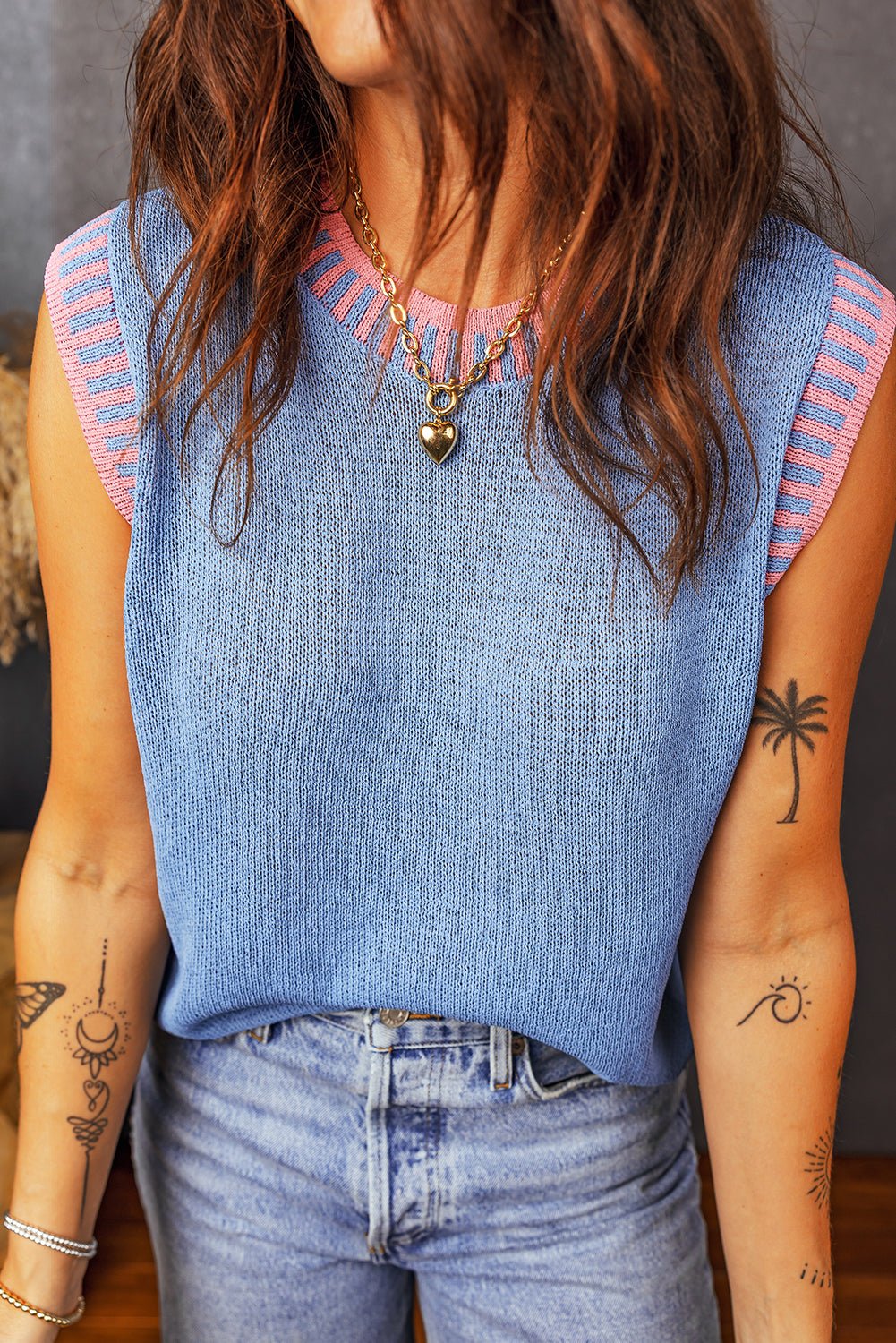 Sky Blue Contrast Trim Round Neck Sleeveless Sweater - MAD RUFFI