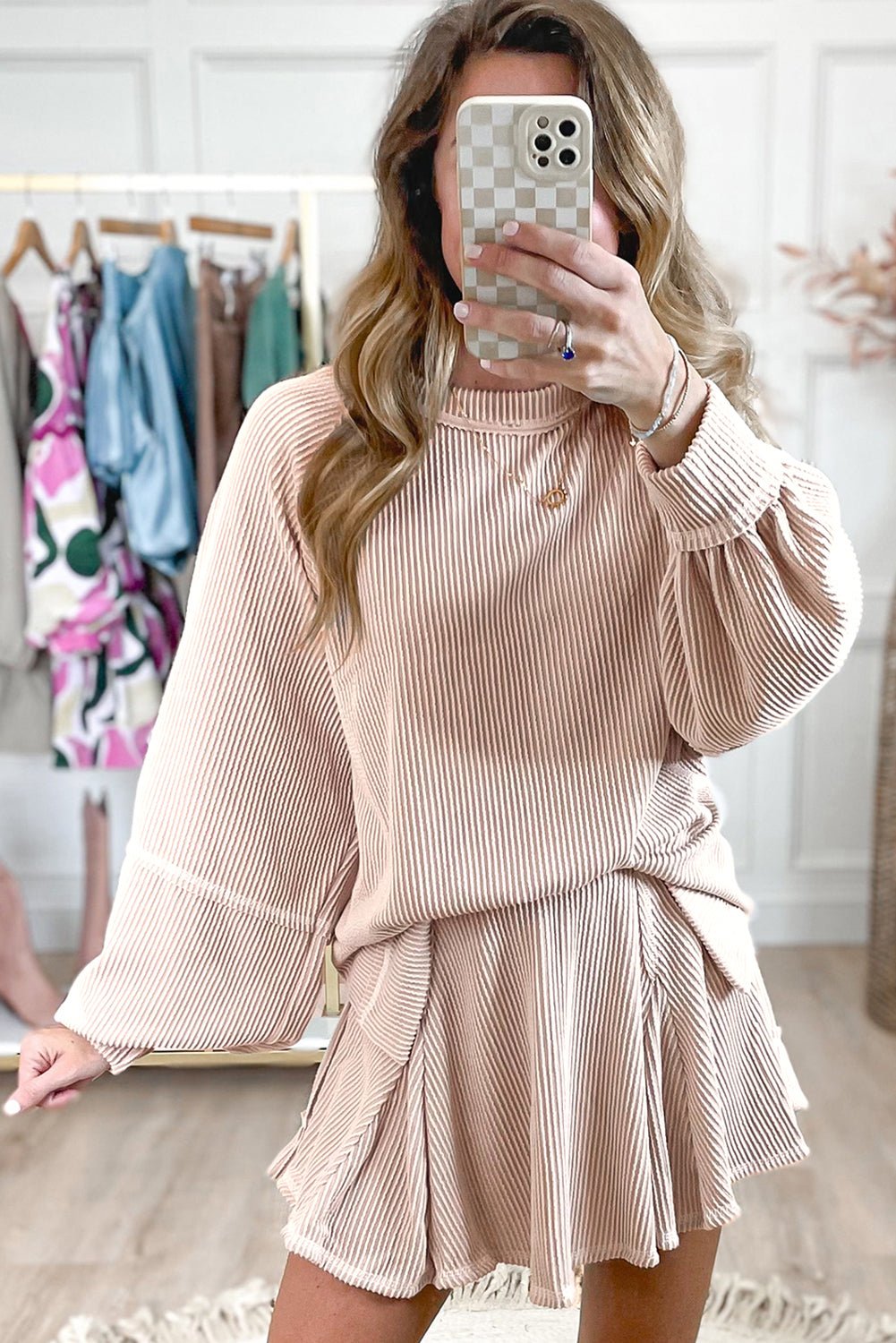 Sky Blue Corded Lantern Sleeve Pullover Ruffle Mini Skirt Set - MAD RUFFI