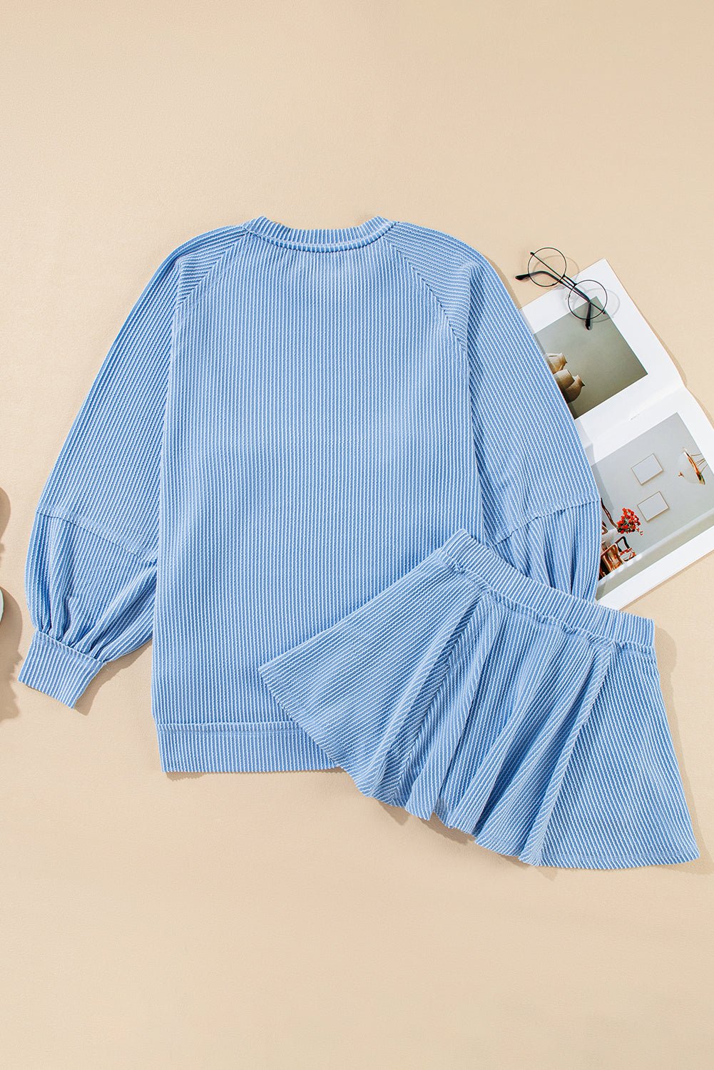 Sky Blue Corded Lantern Sleeve Pullover Ruffle Mini Skirt Set - MAD RUFFI