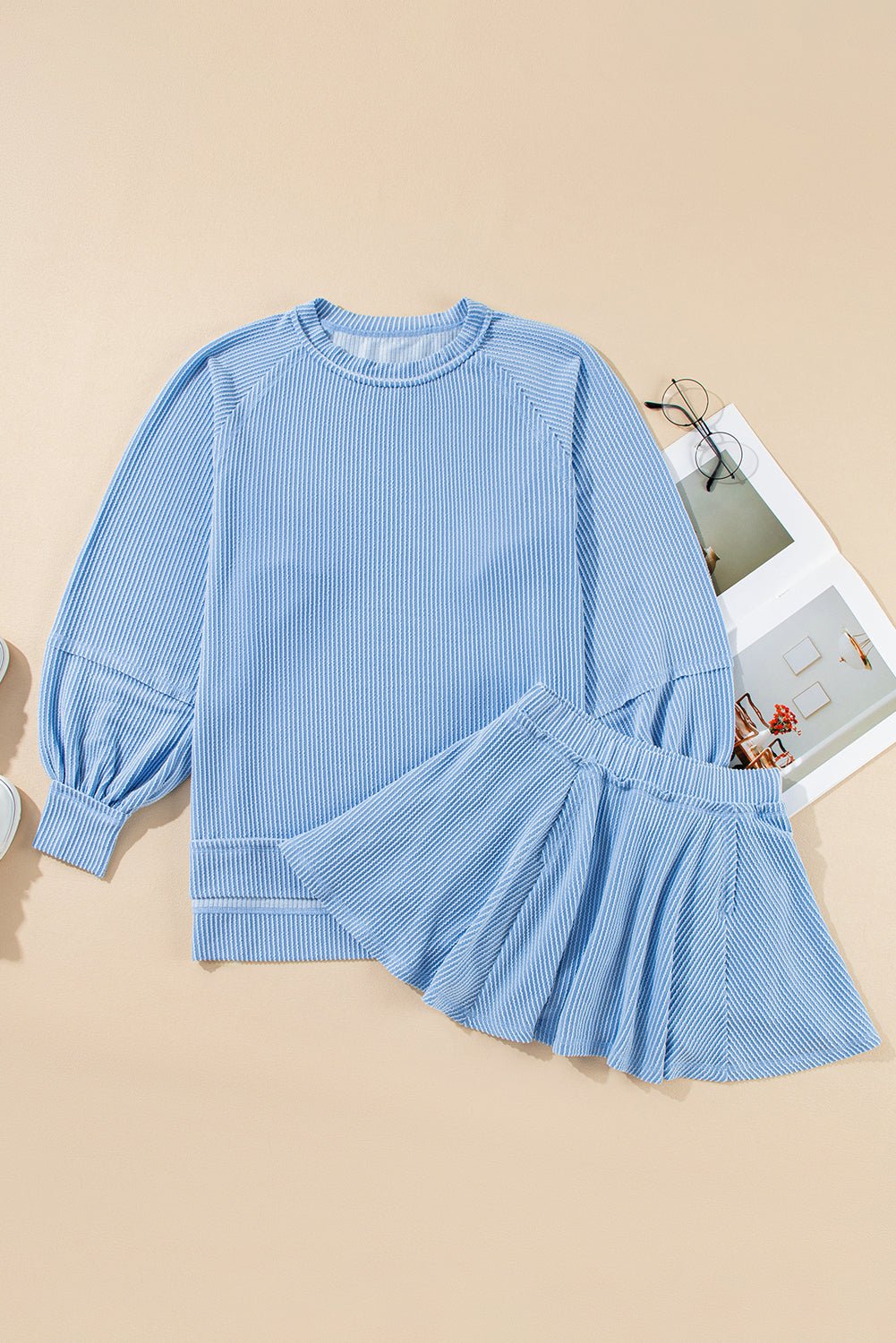 Sky Blue Corded Lantern Sleeve Pullover Ruffle Mini Skirt Set - MAD RUFFI