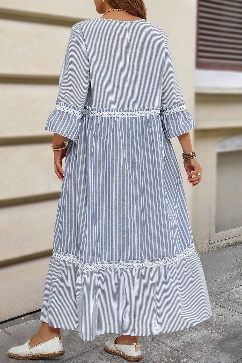 Sky Blue Crisscross Lace Detail Mixed Striped Patchwork Plus Size Dress - MAD RUFFI