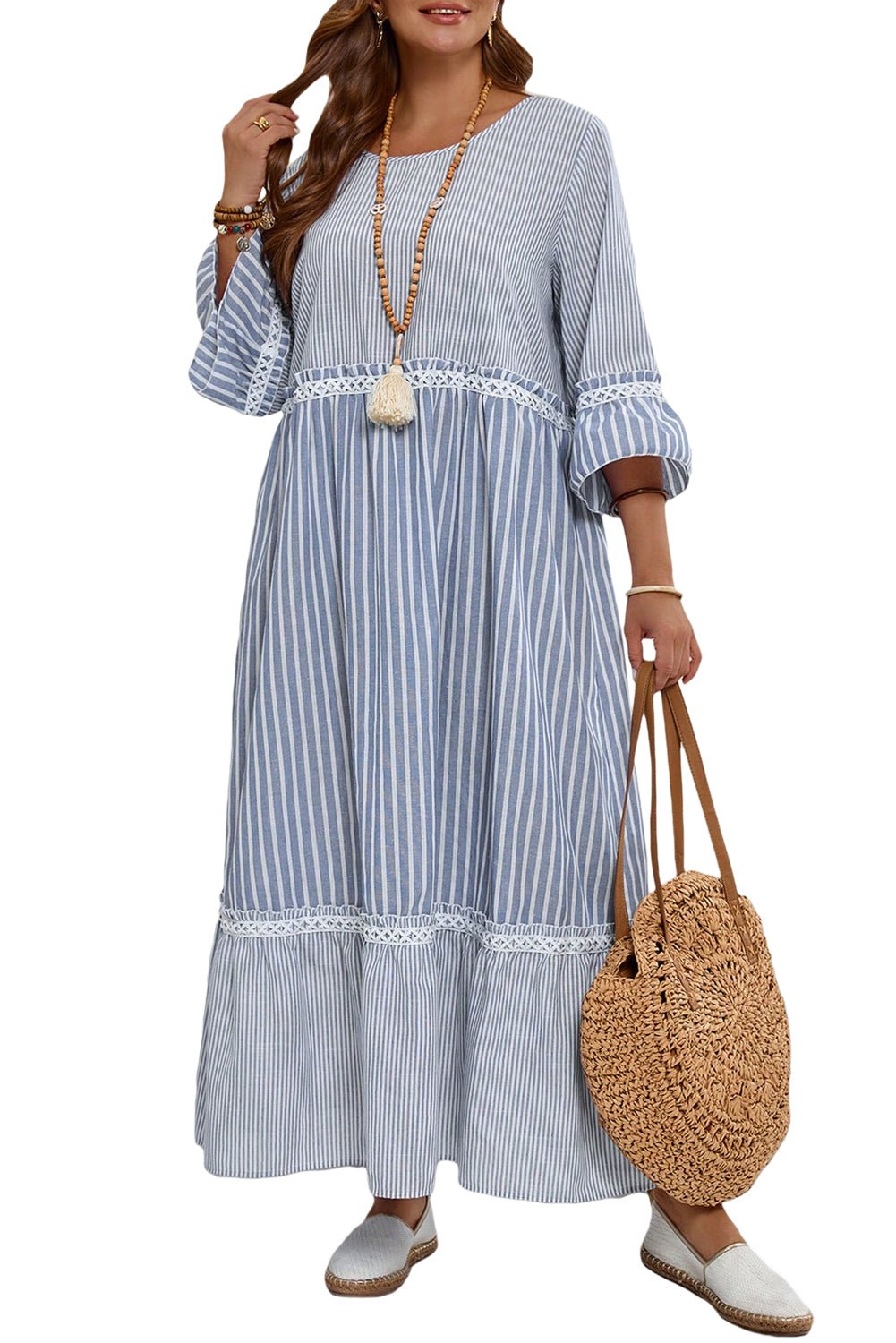 Sky Blue Crisscross Lace Detail Mixed Striped Patchwork Plus Size Dress - MAD RUFFI