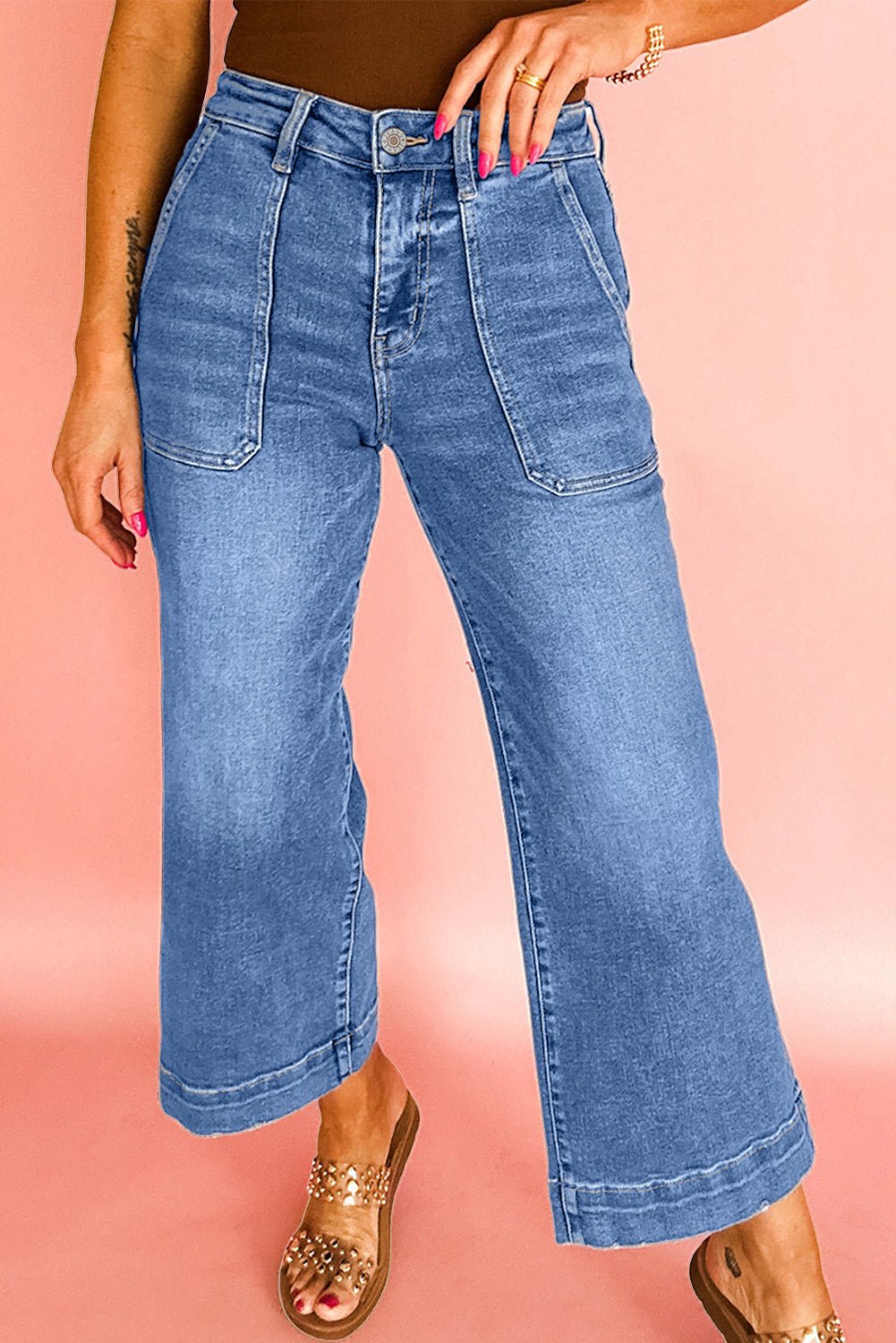 Sky Blue Cropped High Rise Wide Leg Jeans - MAD RUFFI