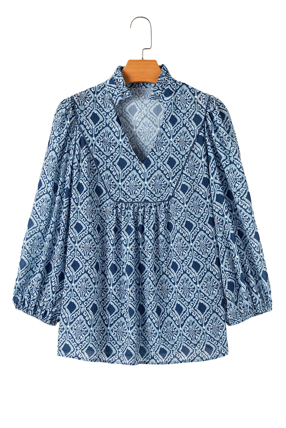 Sky Blue Ethnic Geometric Print Frill Neck Loose Fit Blouse - MAD RUFFI