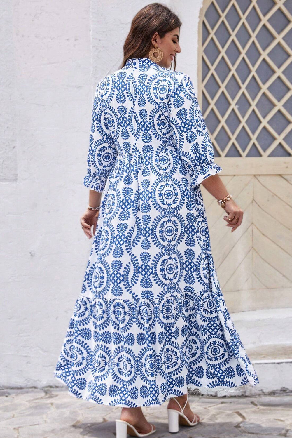 Sky Blue Ethnic Geometric Print Notch Neck Plus Size Maxi Dress - MAD RUFFI