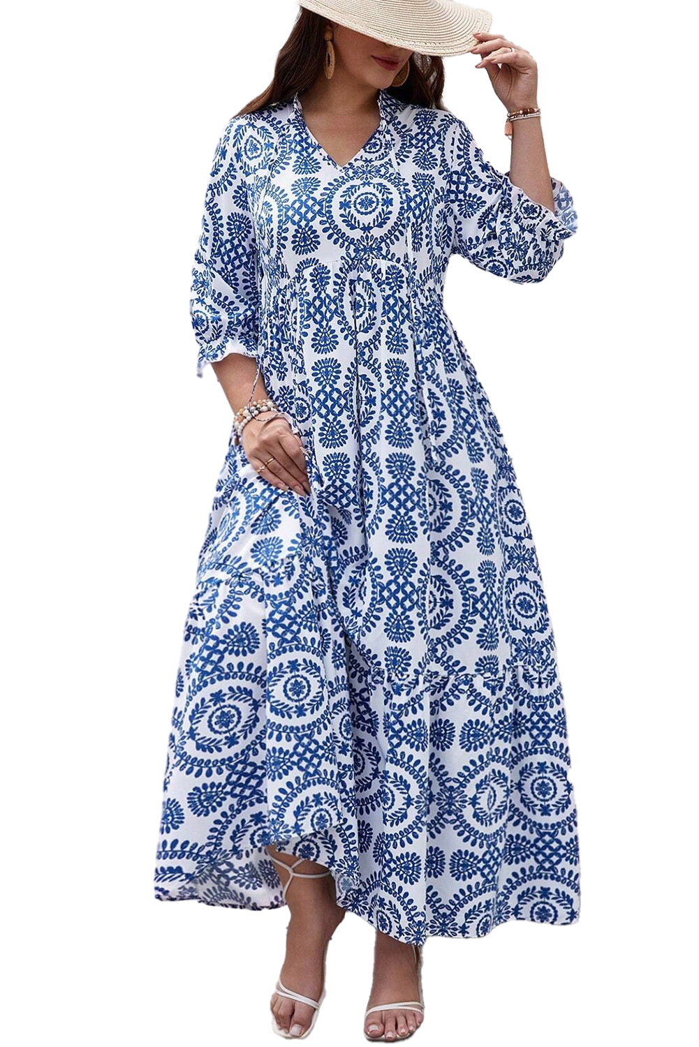 Sky Blue Ethnic Geometric Print Notch Neck Plus Size Maxi Dress - MAD RUFFI