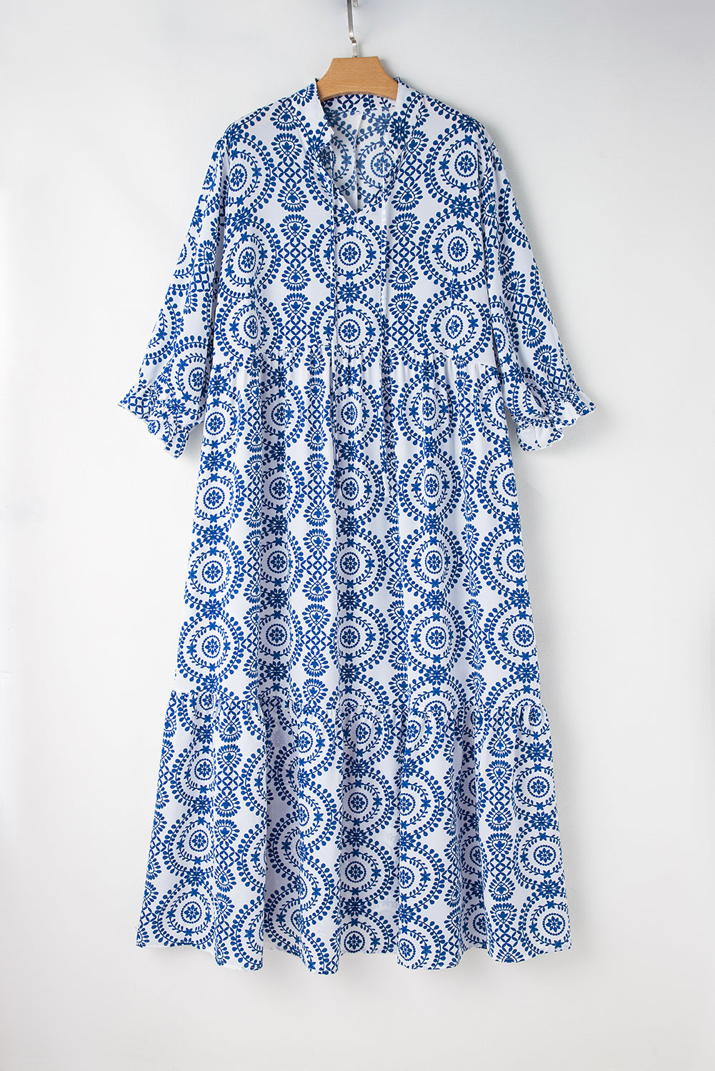 Sky Blue Ethnic Geometric Print Notch Neck Plus Size Maxi Dress - MAD RUFFI