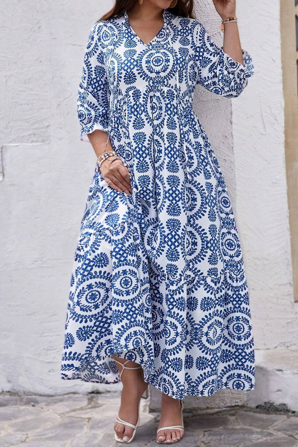 Sky Blue Ethnic Geometric Print Notch Neck Plus Size Maxi Dress - MAD RUFFI