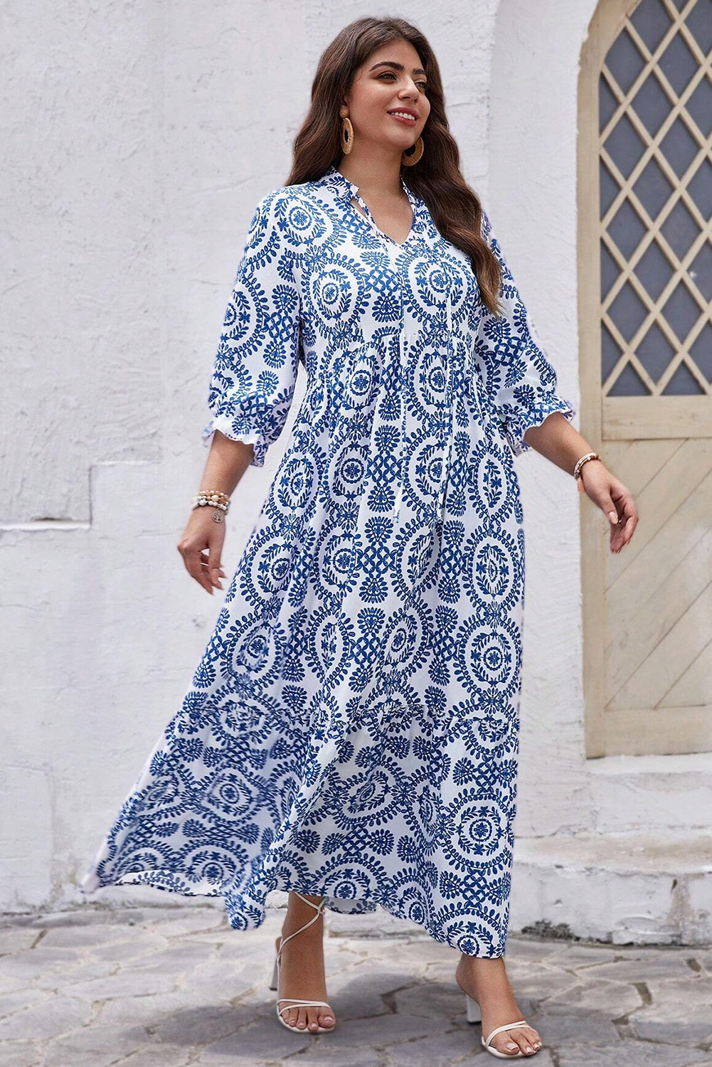 Sky Blue Ethnic Geometric Print Notch Neck Plus Size Maxi Dress - MAD RUFFI