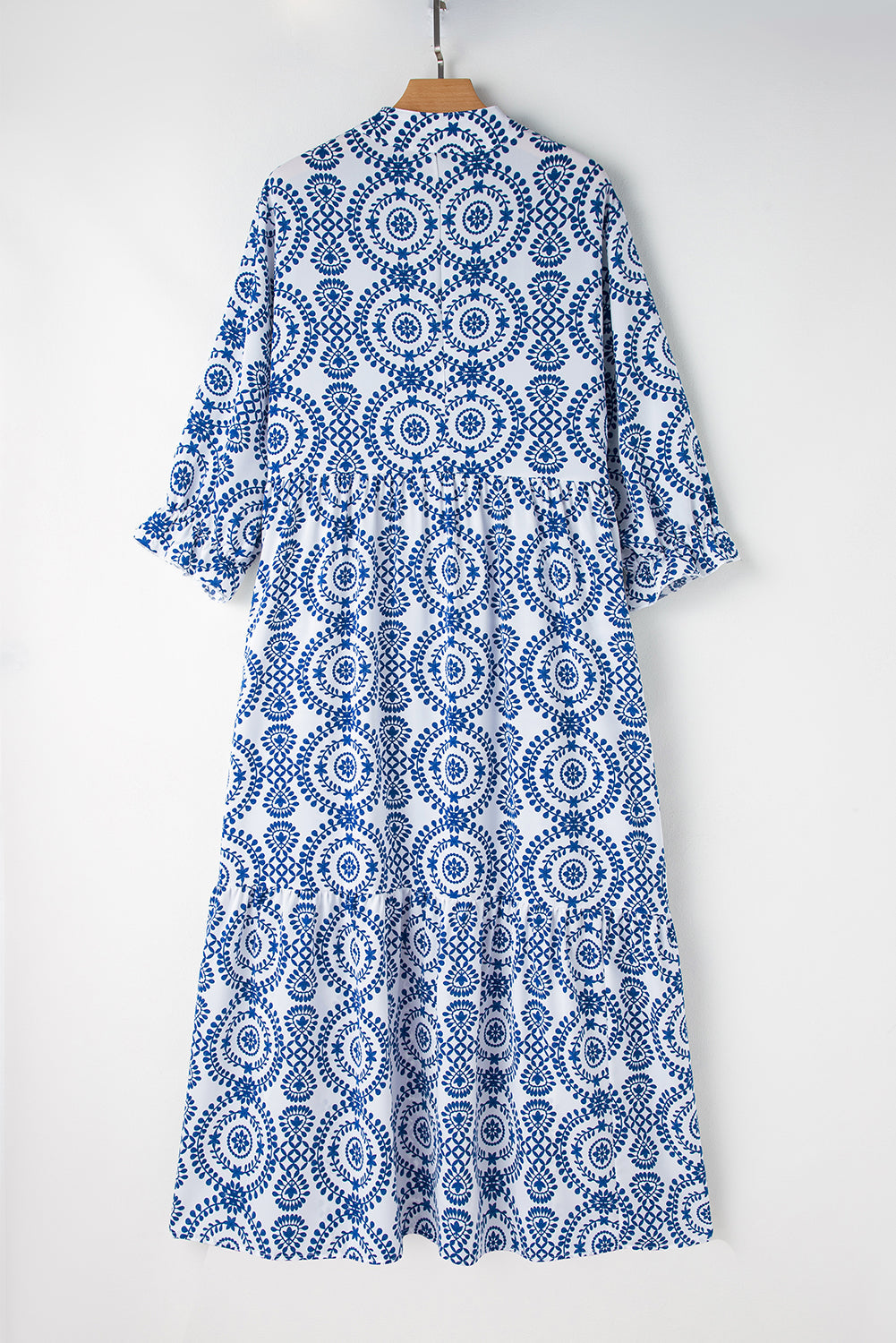 Sky Blue Ethnic Geometric Print Notch Neck Plus Size Maxi Dress - MAD RUFFI