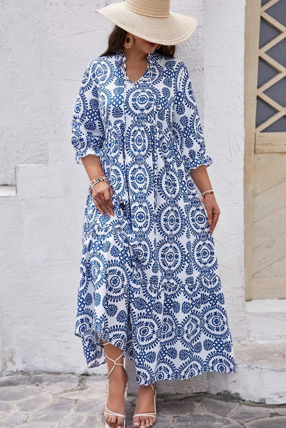 Sky Blue Ethnic Geometric Print Notch Neck Plus Size Maxi Dress - MAD RUFFI