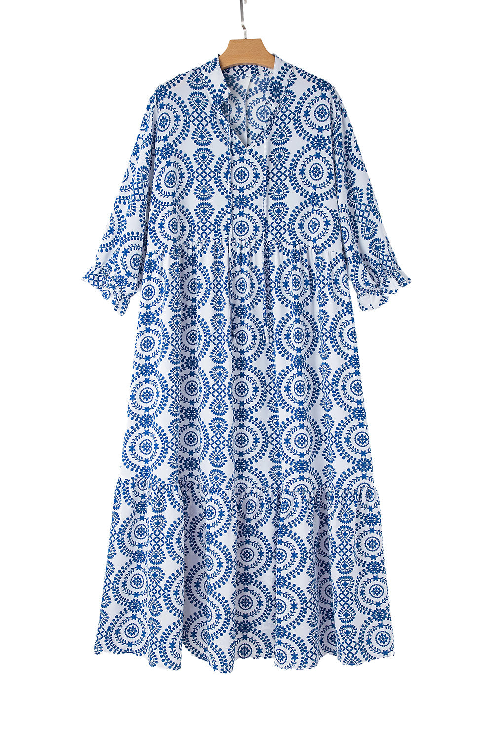 Sky Blue Ethnic Geometric Print Notch Neck Plus Size Maxi Dress - MAD RUFFI