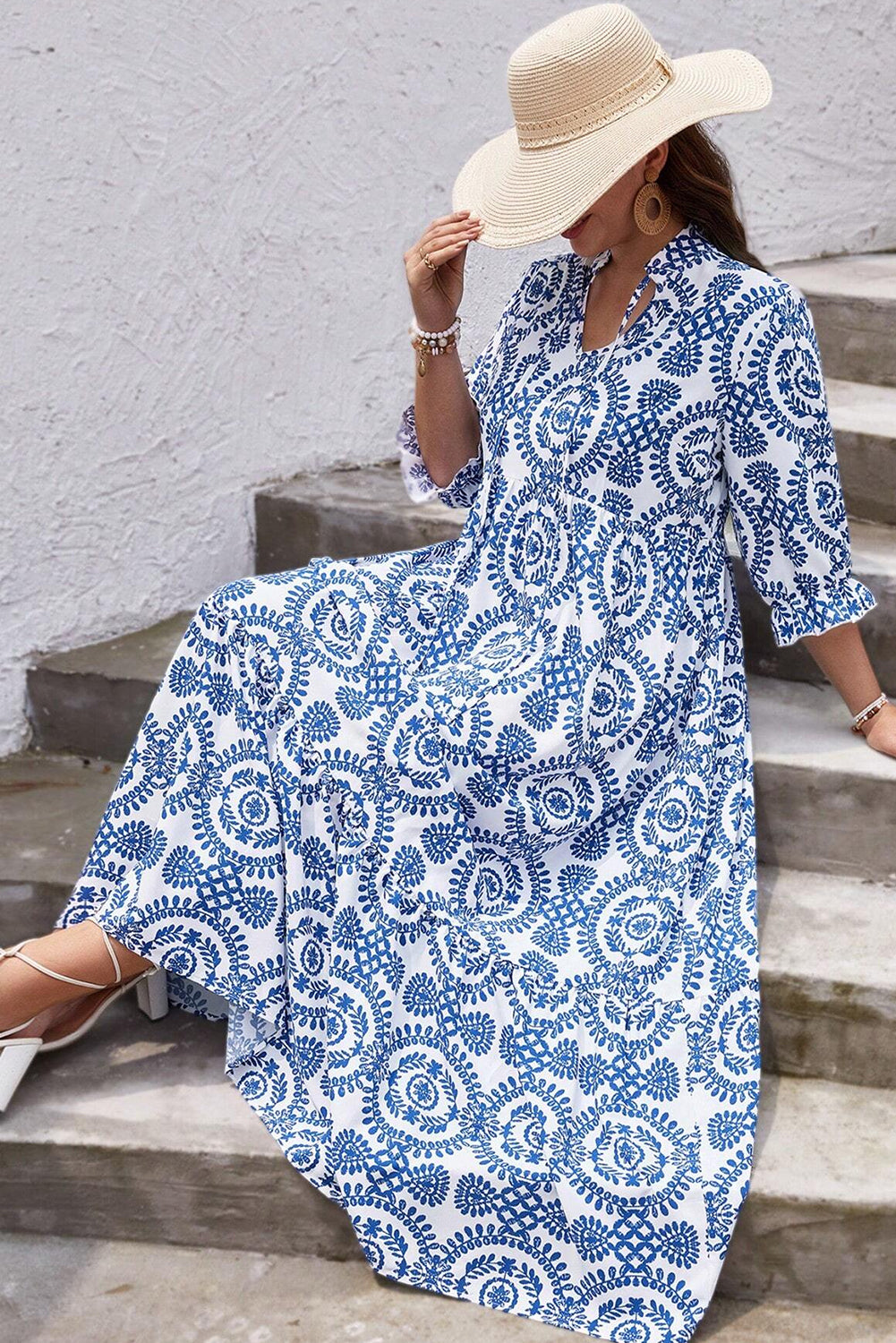 Sky Blue Ethnic Geometric Print Notch Neck Plus Size Maxi Dress - MAD RUFFI