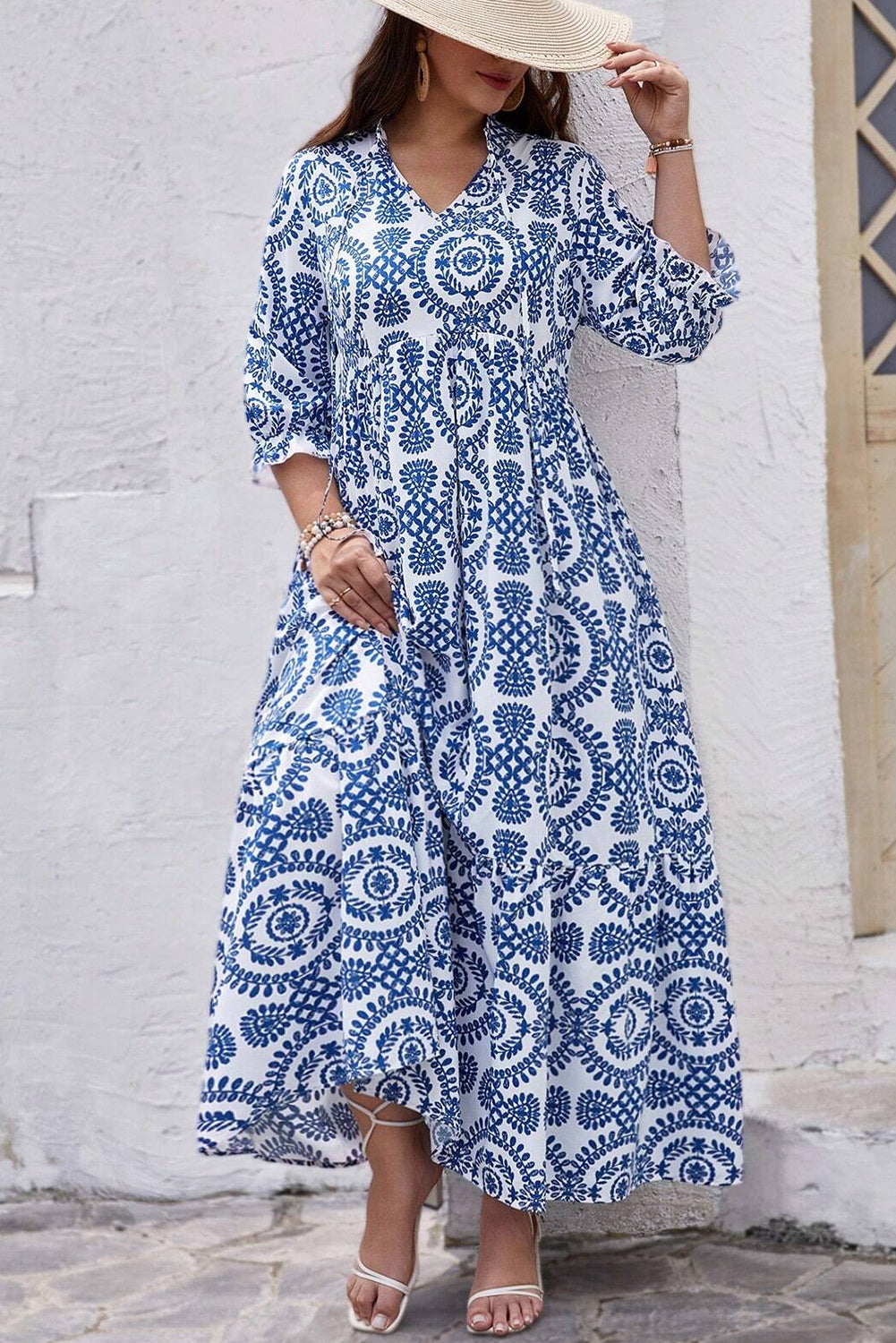 Sky Blue Ethnic Geometric Print Notch Neck Plus Size Maxi Dress - MAD RUFFI