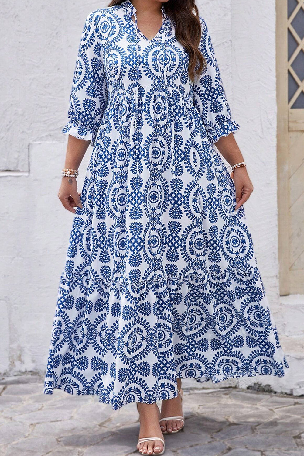 Sky Blue Ethnic Geometric Print Notch Neck Plus Size Maxi Dress - MAD RUFFI