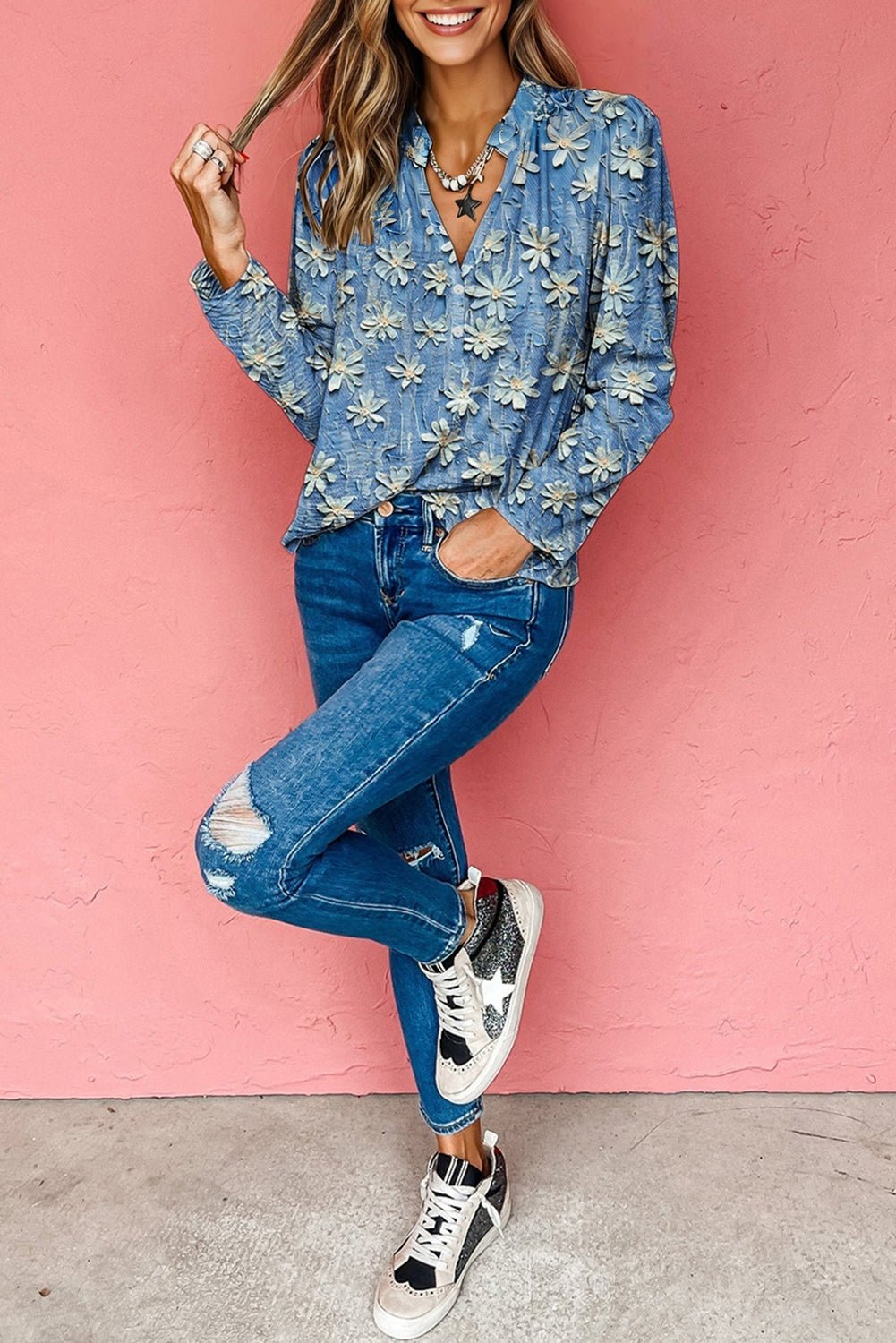 Sky Blue Fall Floral Half Placket Collared V Neck Blouse - MAD RUFFI