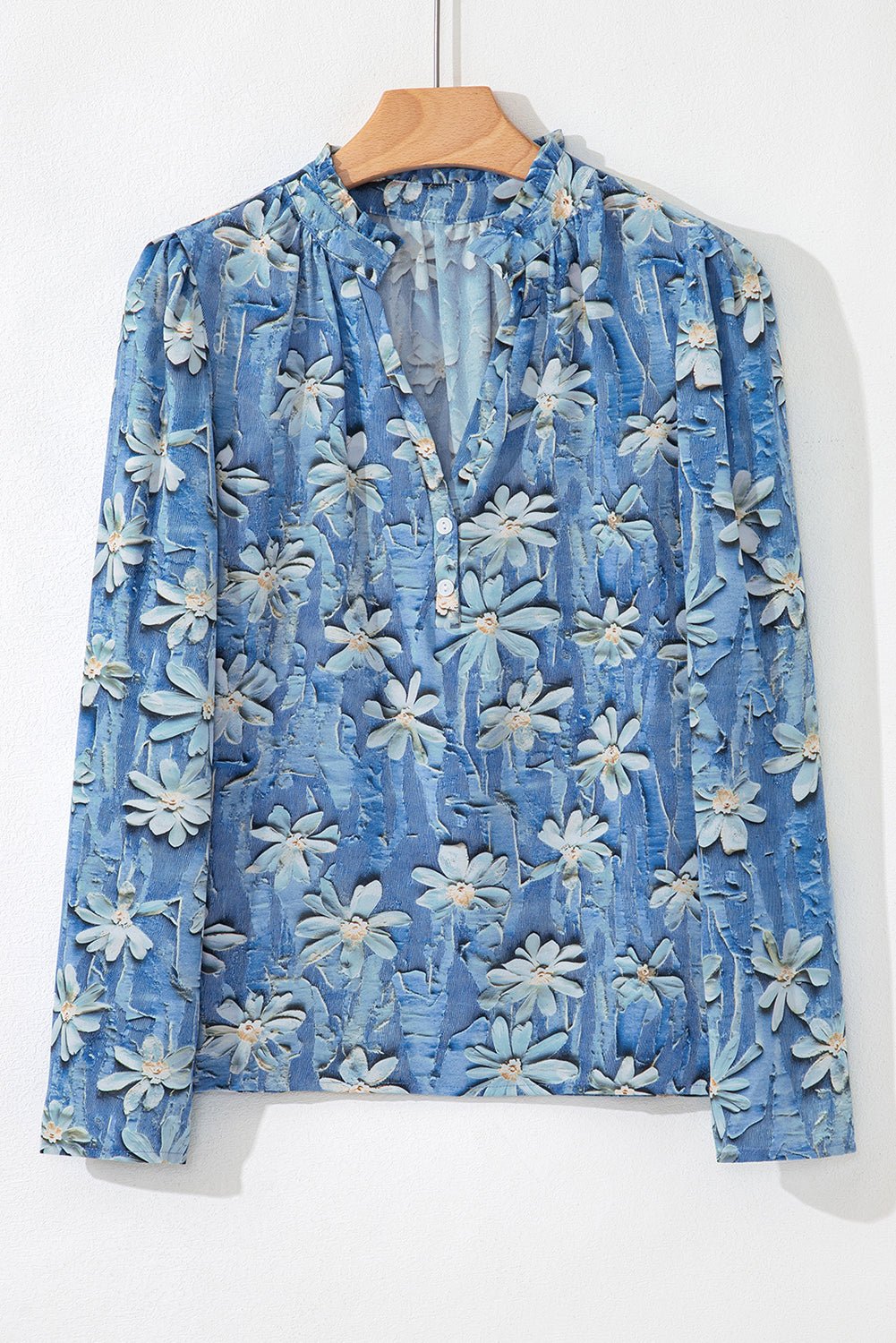 Sky Blue Fall Floral Half Placket Collared V Neck Blouse - MAD RUFFI