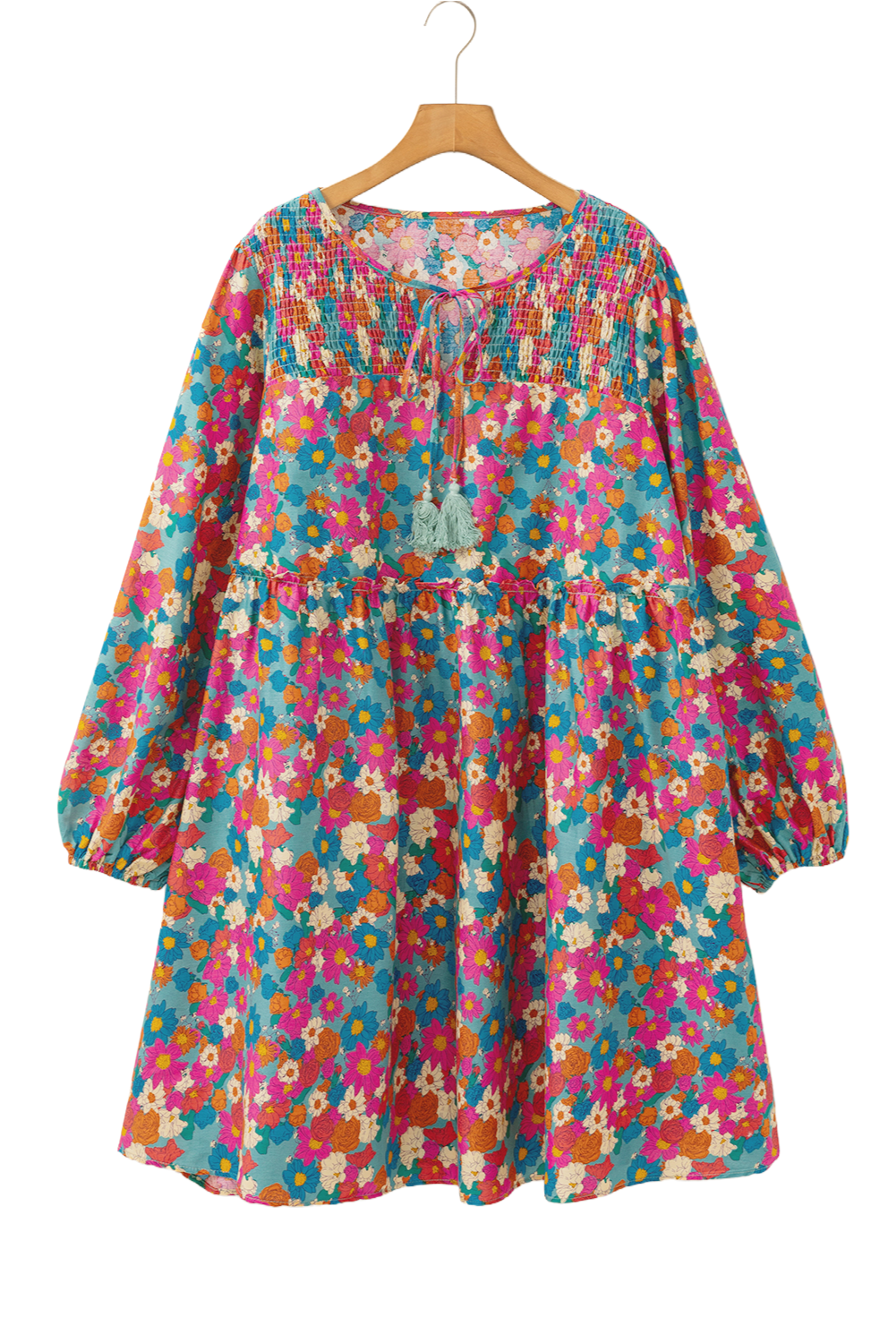 Sky Blue Floral Allover Print Shirred Plus Size Mini Dress - MAD RUFFI